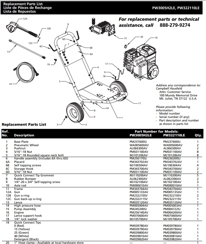 PW3005H2LE pressure washer parts